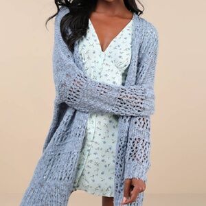Crochet Slate Blue Oversized Cardigan Sweater